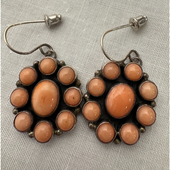 NAKAI Sterling Peach Coral Cluster Earrings Dangle Signed Native American - Picture 1 of 6